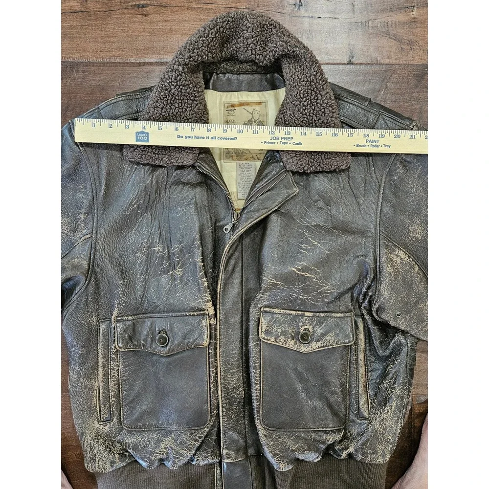 VTG Distressed Arizona Military XL Leather Bomber Flight Jacket Brown Sherpa